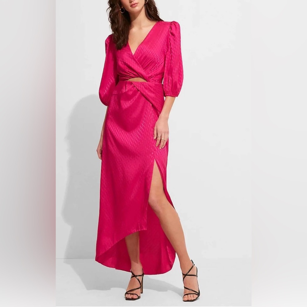 NWT Express Neon Berry Pink Faux Wrap Knotted Waist Hi-Lo Maxi Dress Size Small
